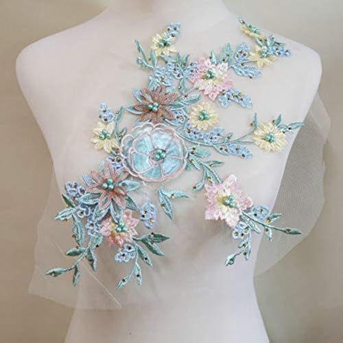 LYVQZPWLRStickpflaster, 1 Paar dreidimensionale Blumenstickerei-Spitzenapplikation, Pailletten, Heißbohrer, Nagelperlen, handgefertigt, DIY(Bluegreen) von LYVQZPWLR