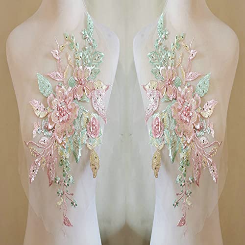 LYVQZPWLRStickpflaster, 1 Paar dreidimensionale Stickerei Heißbohrer Pailletten Nagel Perle Spitze Blumenstück Handbuch DIY Applikation Kleidung Patch(Green/Pink) von LYVQZPWLR