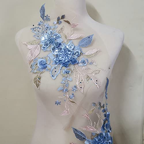 LYVQZPWLRStickpflaster, 1 Paar dreidimensionale Stickerei Heißbohrer Pailletten Nagel Perle Spitze Blumenstück Handbuch DIY Applikation Kleidung Patch(Lake blue) von LYVQZPWLR