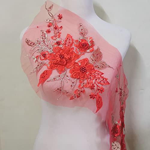 LYVQZPWLRStickpflaster, 1 Paar dreidimensionale Stickerei Heißbohrer Pailletten Nagel Perle Spitze Blumenstück Handbuch DIY Applikation Kleidung Patch(Rosso) von LYVQZPWLR