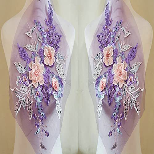 LYVQZPWLRStickpflaster, 1 Paar dreidimensionale Stickerei Heißbohrer Pailletten Nagel Perle Spitze Blumenstück Handbuch DIY Applikation Kleidung Patch(Violet) von LYVQZPWLR