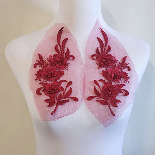 LYVQZPWLRStickpflaster, 2 Stück 3D-Blumen-bestickte Spitzenapplikationen, handgefertigt, for Hochzeitskleider, Dekoration, europäische Spitzenbesätze, DIY, Nähen, Basteln(Wine Red) von LYVQZPWLR