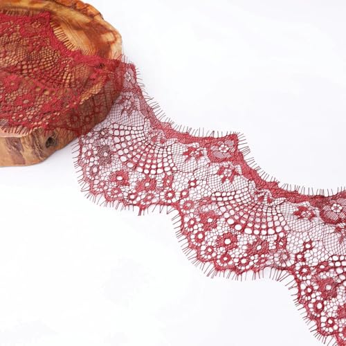 LYVQZPWLRStickpflaster, 3 Yards 9,5 cm Spitzenband gewellte Blumenstickerei handgemachte Elastizität Spitzenbesatz Verzierungen(Burgundy) von LYVQZPWLR