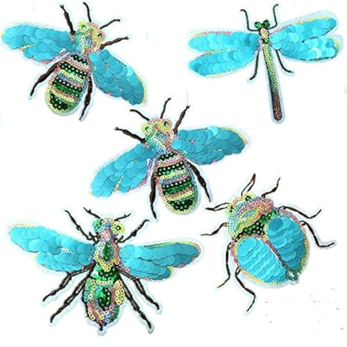 LYVQZPWLRStickpflaster, 5 Stück farbige Pailletten-Stickerei-Stoffpaste, Insekten-Serie, Bienen-/Käfer-Muster, Mantel-Patch, Bekleidungszubehör, Perlen-Stoffpaste(Color F) von LYVQZPWLR