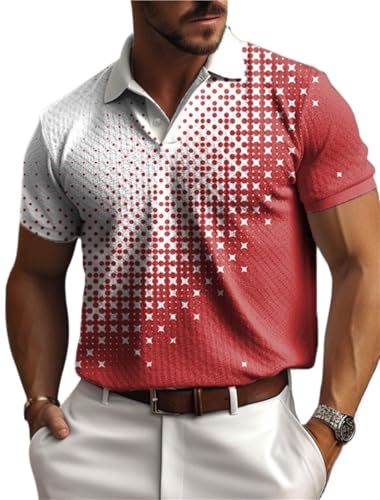 LYXYGMV Herren-Poloshirt mit Knopfleiste, Polo-Revers, Poloshirt, Golfhemd, kariert, grafische Drucke, Geometrie, Street-Style, lässig, Netzstoff, Kurze Ärmel Für Männer, Sommer(Color1,XL) von LYXYGMV