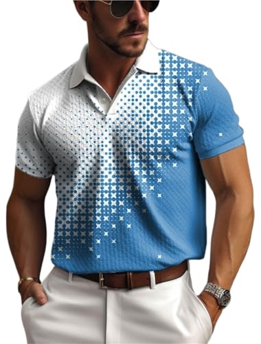 LYXYGMV Herren-Poloshirt mit Knopfleiste, Polo-Revers, Poloshirt, Golfhemd, kariert, grafische Drucke, Geometrie, Street-Style, lässig, Netzstoff, Kurze Ärmel Für Männer, Sommer(Color3,M) von LYXYGMV