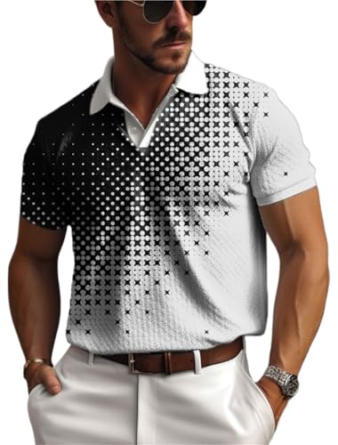 LYXYGMV Herren-Poloshirt mit Knopfleiste, Polo-Revers, Poloshirt, Golfhemd, kariert, grafische Drucke, Geometrie, Street-Style, lässig, Netzstoff, Kurze Ärmel Für Männer, Sommer(Color5,5XL) von LYXYGMV