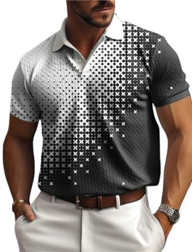 LYXYGMV Herren-Poloshirt mit Knopfleiste, Polo-Revers, Poloshirt, Golfhemd, kariert, grafische Drucke, Geometrie, Street-Style, lässig, Netzstoff, Kurze Ärmel Für Männer, Sommer(Color6,XL) von LYXYGMV