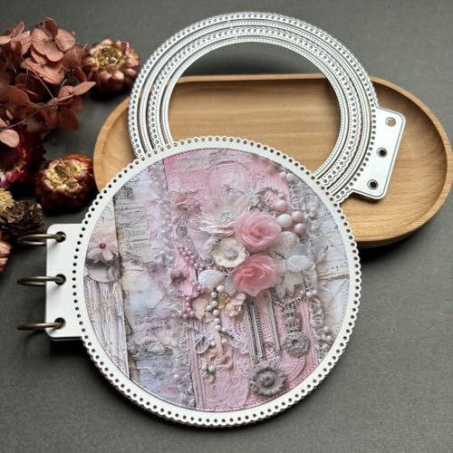 LZBRDY Rechteckige Metallrahmen-Foto-Stanzform für Sammelalben, Bastelarbeiten, geschichtete Grußkarte mit herzförmigem Spitzenetikett für Eid Al-Adha Mubarak handgefertigte Karten (kreisförmiger von LZBRDY