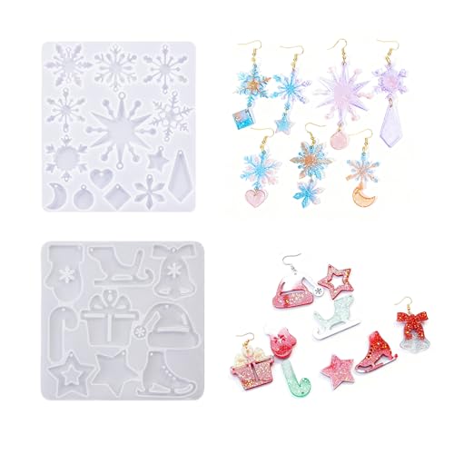 2 x Weihnachts-Ohrring-Formen aus Harz, Schmuckformen, Weihnachts-Silikon-Anhängerformen, Weihnachts-Schlüsselanhänger-Form für Damen und Grills (Schneeflocken + Weihnachten) von LZEDIRA