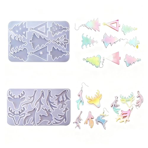 2 x Weihnachts-Ohrringformen aus Harz, Schmuckformen, Weihnachts-Silikon-Anhängerformen, Weihnachts-Schlüsselanhänger-Form für Damen und Grills (Geweih + Weihnachtsbaum) von LZEDIRA