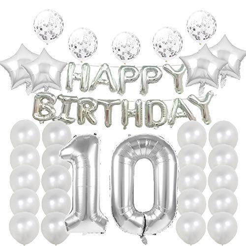 Party-Zubehör zum 10. Geburtstag, silberfarben, Zahl 10, Mylar-Ballon, Latex-Ballon, Dekoration, tolles süßes Geschenk zum 10. Geburtstag für Mädchen, Foto-Requisiten von LZGQXF