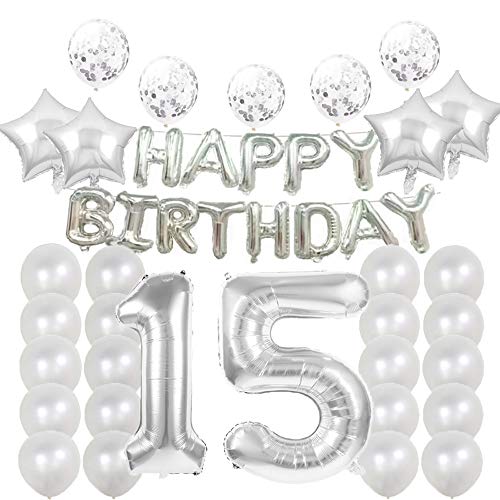 Party-Zubehör zum 15. Geburtstag, silberfarben, Zahl 15, Mylar-Ballon, Latex-Ballon, Dekoration, tolles süßes Geschenk zum 15. Geburtstag für Mädchen, Foto-Requisiten von LZGQXF