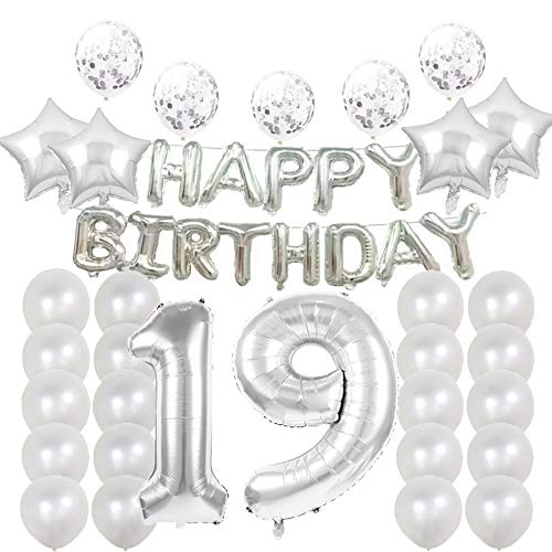 Party-Zubehör zum 19. Geburtstag, silberfarben, Zahl 19, Mylar-Ballon, Latex-Ballon, Dekoration, tolles süßes Geschenk zum 19. Geburtstag für Mädchen, Foto-Requisiten von LZGQXF