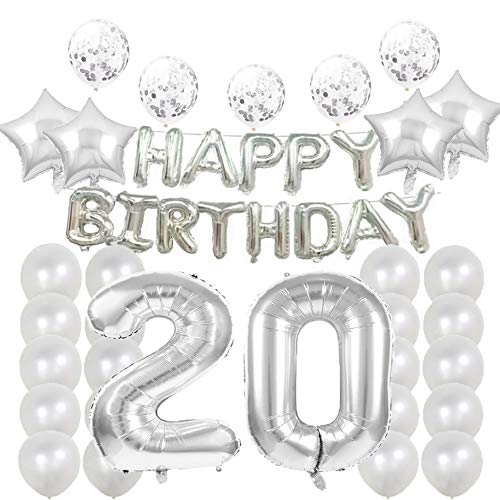 Party-Zubehör zum 20. Geburtstag, silberfarben, Zahl 20, Mylar-Ballon, Latex-Ballon, tolle süße Geschenkidee zum 20. Geburtstag für Mädchen, Foto-Requisiten von LZGQXF