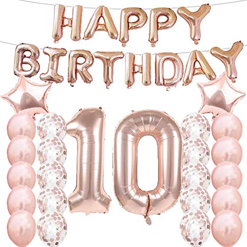 Partyzubehör zum 10. Geburtstag, Luftballons zum 10. Geburtstag, aus Rose-Gold, Zahl 10, Mylar-Ballon, Latex-Ballon-Dekoration, tolles süßes Geschenk zum 10. Geburtstag für Mädchen, Foto-Requisiten von LZGQXF