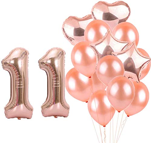 Partyzubehör zum 11. Geburtstag, Luftballons zum 11. Geburtstag, aus Rose-Gold, Zahl 11, Mylar-Ballon, Latex-Ballon-Dekoration, tolles süßes Geschenk zum 11. Geburtstag für Mädchen, Foto-Requisiten von LZGQXF