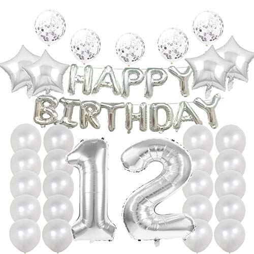 Partyzubehör zum 12. Geburtstag, Luftballons, Silber, Zahl 12, Mylar-Ballon, Latex-Ballon, Dekoration, tolles süßes Geschenk zum 12. Geburtstag für Mädchen, Foto-Requisiten von LZGQXF