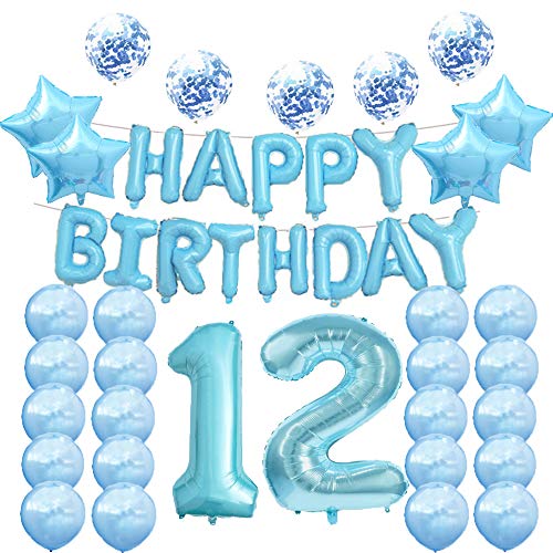 Partyzubehör zum 12. Geburtstag, blau, Nummer 12, Mylar-Ballon, Latex-Luftballons, Dekoration, tolles süßes Geschenk zum 12. Geburtstag für Mädchen, Foto-Requisiten von LZGQXF