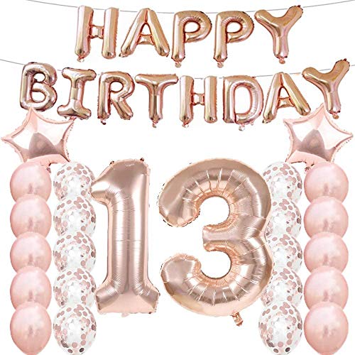 Partyzubehör zum 13. Geburtstag, Luftballons zum 13. Geburtstag, aus Rose-Gold, Zahl 13, Mylar-Ballon, Latex-Ballon-Dekoration, tolles süßes Geschenk zum 13. Geburtstag für Mädchen, Foto-Requisiten von LZGQXF