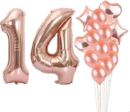 Partyzubehör zum 14. Geburtstag, Luftballons zum 14. Geburtstag, aus Rose-Gold, Zahl 14, Mylar-Ballon, Latex-Ballon-Dekoration, tolles süßes Geschenk zum 14. Geburtstag für Mädchen, Foto-Requisiten von LZGQXF