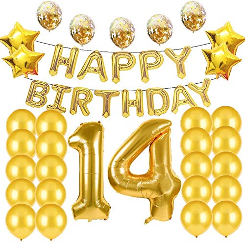 LZGQXF Partyzubehör zum 14. Geburtstag, goldfarben, Zahl 14, Mylar-Ballon, Latex-Ballon, Dekoration, tolles süßes Geschenk zum 14. Geburtstag für Mädchen, Foto-Requisiten von LZGQXF