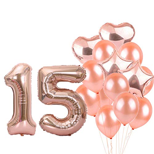 Partyzubehör zum 15. Geburtstag, Luftballons zum 15. Geburtstag, Farbe: Roségold, Zahl 15, Mylar-Ballon, Latex-Ballon, Dekoration, tolles süßes Geschenk zum 15. Geburtstag für Mädchen, Foto-Requisiten von LZGQXF
