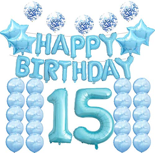 Partyzubehör zum 15. Geburtstag, blau, Zahl 15, Mylar-Ballon, Latex-Luftballons, Dekoration, tolles süßes Geschenk zum 15. Geburtstag für Mädchen, Foto-Requisiten von LZGQXF