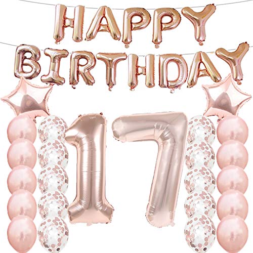 Partyzubehör zum 17. Geburtstag, Luftballons zum 17. Geburtstag, aus Rose-Gold, Zahl 17, Mylar-Ballon, Latex-Ballon-Dekoration, tolles süßes Geschenk zum 17. Geburtstag für Mädchen, Foto-Requisiten von LZGQXF