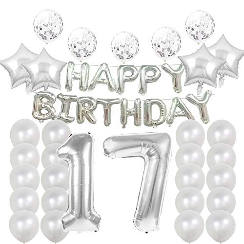 Partyzubehör zum 17. Geburtstag, silberfarben, Zahl 17, Mylar-Ballon, Latex-Ballon-Dekoration, tolles süßes Geschenk zum 17. Geburtstag für Mädchen, Foto-Requisiten von LZGQXF