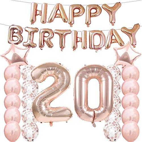 Partyzubehör zum 20. Geburtstag, Luftballons zum 20. Geburtstag, aus Rose-Gold, Zahl 20, Mylar-Ballon, Latex-Ballon-Dekoration, tolles süßes Geschenk zum 20. Geburtstag für Mädchen, Foto-Requisiten von LZGQXF