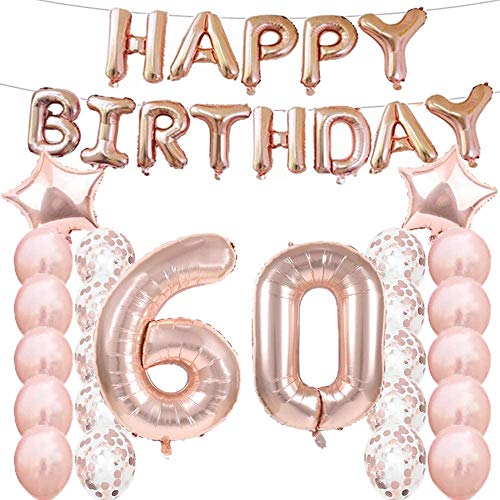 Partyzubehör zum 60. Geburtstag, Luftballons zum 60. Geburtstag, aus Rose-Gold, Zahl 60, Mylar-Ballon, Latex-Ballon-Dekoration, tolles süßes Geschenk zum 60. Geburtstag für Mädchen, Foto-Requisiten von LZGQXF
