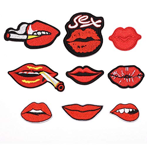 LZHLMCL Hosen Patch Stickerei Aufnäher 9Pcs Lips Big Mouth Embroidered Cloth Patch Sticker Garment Accessories Bag Denim Filling Hole Glue Lips von LZHLMCL