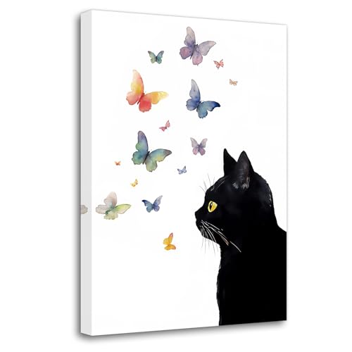 LZIMU Kätzchen Leinwandbilder schwarze Katze mit bunten Schmetterlingen Poster Aquarelldrucke niedliches Tierbild für Babyzimmer Kinderzimmer Dekoration(Bild-5, (30.00 x 45.00 cms)) von LZIMU