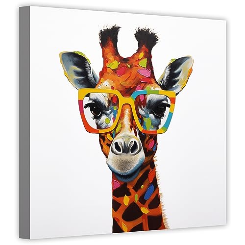 LZIMU Lustiges Giraffen bild auf Leinwand bunte Giraffe mit Brille Leinwandbild niedliche Tierbilder für Kinderzimmer Wanddekoration Gerahmt (3, 40.00x40.00cms) von LZIMU