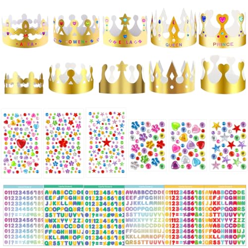 LZKHEH 10 Papier-Kronen-Partyhüte mit 12 Strassstickern & Alphanumerischen Aufklebern, DIY Set für Prinzessinnen, Königinnen & Prinzen-Geburtstagspartys. von LZKHEH