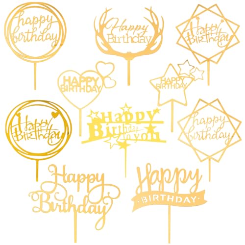 LZKHEH 10er Set Goldene Happy Birthday Tortendeko: Acryl Glitter Cupcake Topper mit Girlande aus Herzen und Sternen. Perfekte Kuchen Dekoration für Mädchen, Kinder, Hochzeit und Muttertag von LZKHEH