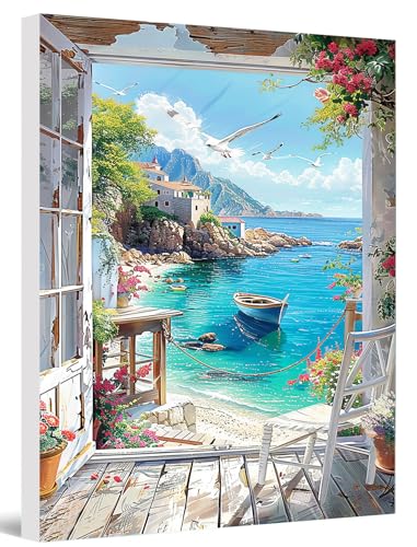 LZLHDE Malen Nach Zahlen Erwachsene Strände Landschaft mit Rahmen, Paint by Numbers Adult Knitterfreie Leinwand Bilder Diy GemäLde Kit mit Pinsel und Acrylfarbe Als Geschenk für Wanddeko 40x50cm von LZLHDE