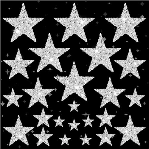 24 Stück silberne Stern-Flicken, Glitzerstern-Aufnäher, selbstklebende Applikation, Heißkleber, Strass-Sterne für Jeans, Taschen, Hüte, Kleidung, Reparatur-Dekoration (4 Größen) von LZMDISU