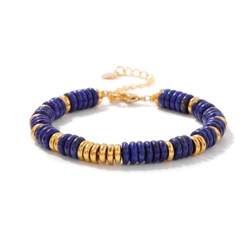 LZZYFPX Naturstein Flache Perlen Armbänder for Frauen Männer Grün Aventurin Lapis Lazuli Achate Kette Armband(Lapis Lazuli) von LZZYFPX
