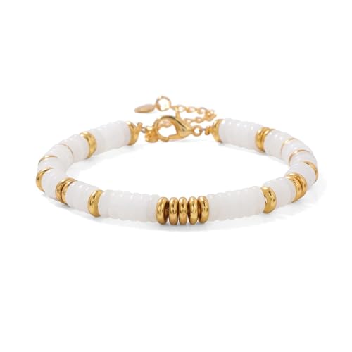 LZZYFPX Naturstein Flache Perlen Armbänder for Frauen Männer Grün Aventurin Lapis Lazuli Achate Kette Armband(White Jade) von LZZYFPX