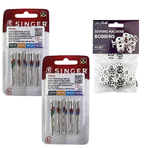 Packung mit 10 Nadeln für Singer 2020 Universal-Nähmaschinen, Stärken 70-80-90-100 für Baumwoll- und Kunststoffgewebe 130/705 H (einseitig flache Ferse) + Metallringe von La Canilla