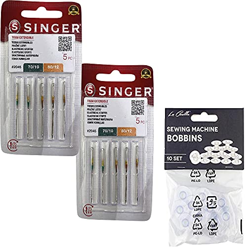 Packung mit 10 Nähmaschinennadeln für Singer 2045, verschiedene Stärken 70/10 und 80/12 für elastische Stoffe und Strickwaren (Stretch) 130/705 H-S (einseitig flach) Universal von La Canilla