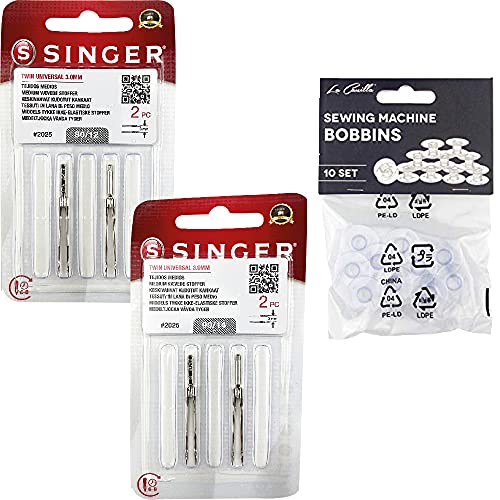 Packung mit 4 Doppelnadeln für Singer Nähmaschinen 2025, Stärke 80/12 und 90/14, 3 mm, Universal, 130/705 H (einseitig flacher Absatz), Twin Needles von La Canilla