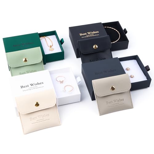4 Stück Schmuck-Geschenkboxen mit Schublade, 8,9 x 8,9 x 3,2 cm, Armbandboxen für Schmuckgeschenke, Schmuckverpackung aus Karton mit Schmuckbeutel mit Druckknopf für Ohrringe, Halsketten, Ringe von La Desire