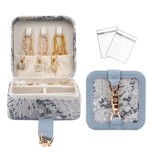 Mini-Reise-Schmuckschatulle für Damen, Blumenstickerei, Vintage-Schmuck-Organizer, tragbarer, kompakter Schmuckkoffer mit sicherem Verschluss und Samtfutter, Geschenkidee (blau) von La Desire