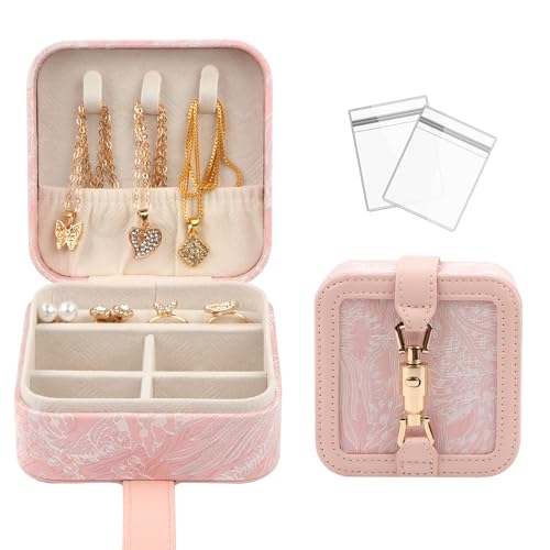 Reise-Schmuckschatulle für Damen, Blumenstickerei, Vintage-Schmuck-Organizer, tragbarer, kompakter Schmuckkoffer mit sicherem Verschluss und Samtfutter, Geschenkidee (Rosa) von La Desire