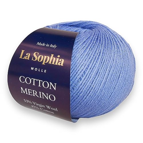 La Sophia Wolle | Baumwolle mit Merino Mischung | 50g Wolle zum Stricken oder Häkeln | Farbe CM0012-Naturweiß (CM0004 Hellblau) von La Sophia WOLLE