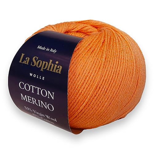 La Sophia Wolle | Baumwolle mit Merino Mischung | 50g Wolle zum Stricken oder Häkeln | Farbe CM0012-Naturweiß (CM0014 Orange) von La Sophia WOLLE
