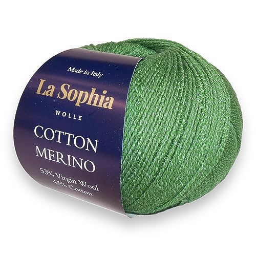 La Sophia Wolle | Baumwolle mit Merino Mischung | 50g Wolle zum Stricken oder Häkeln | Farbe CM0012-Naturweiß (CM0019 Grün) von La Sophia WOLLE